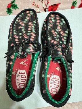 Hey Dude Men’s Black Sneakers with Red & Green Holiday Print
